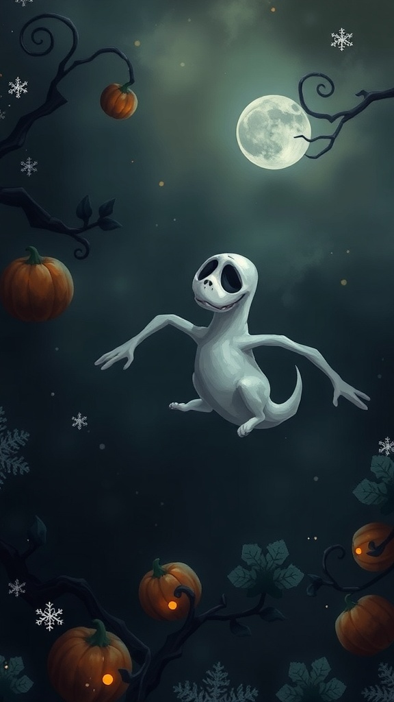 Aesthetic wallpaper of Zero from The Nightmare Before Christmas with a dark, festive background.